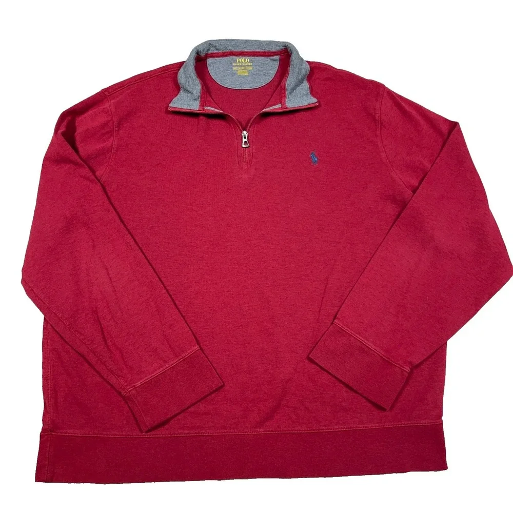 Polo Ralph Lauren Sweater‎ Men XXL 2XL Red Gray Pullover Quarter Zip Performance